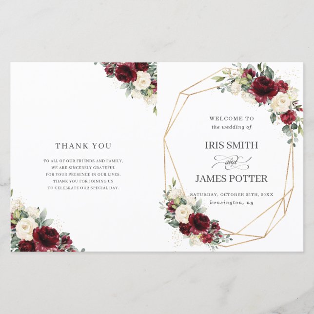 Ivory Burgundy Floral Folding Wedding Program (Frente)