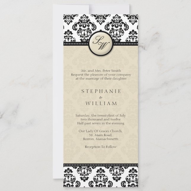 Ivory Damask Monograma Convite Para Casamento (Frente)
