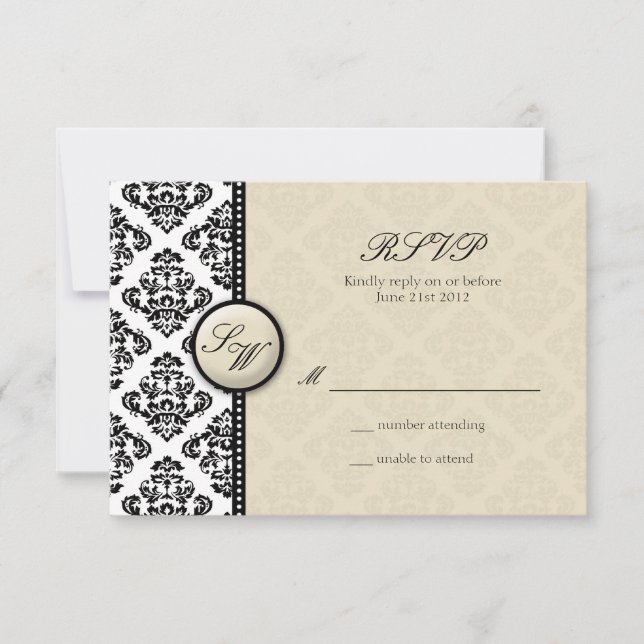 Ivory Damask Monograma Wedding RSVP (Frente)