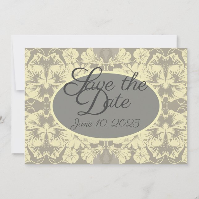 Ivory e Cinza Floral Flat Salvem o Cartão Data (Frente)