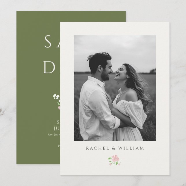 Ivory & Green | Chic Floral Wedding Save the Date (Frente/Verso)