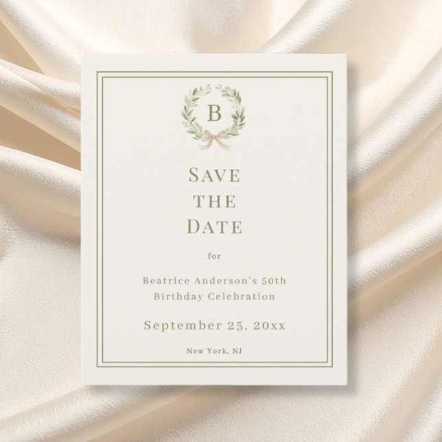 Ivory green monogram wreath birthday save the date (Criador carregado)