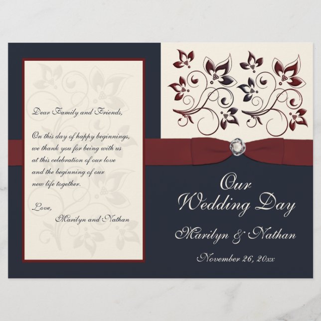 Ivory, Marinho e Claret Floral Wedding Program (Frente)