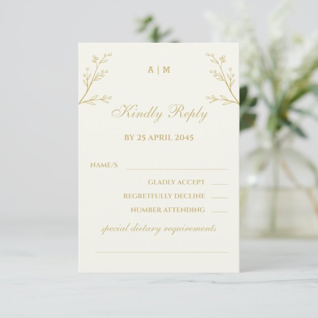 Ivory Monogram Botanical Wedding RSVP Card (Em pé/Frente)