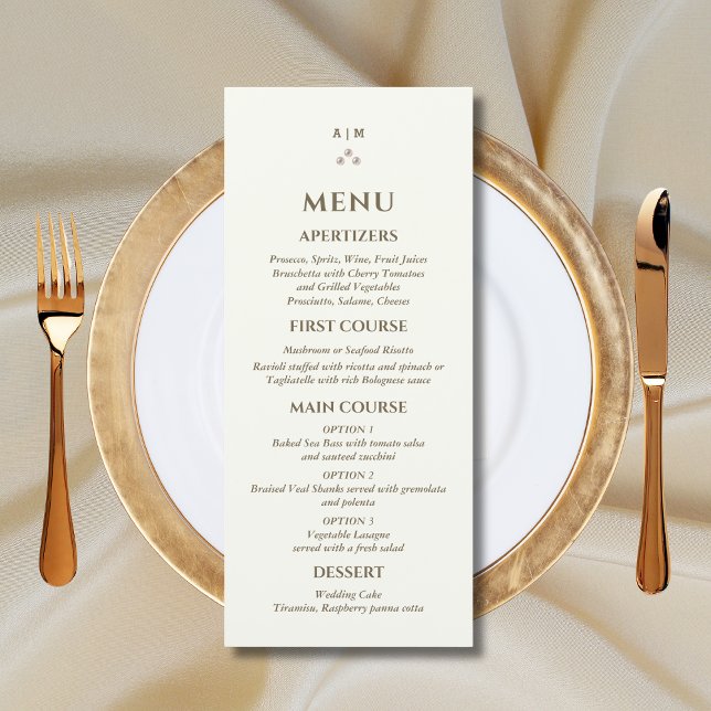 Ivory Monogram Pearl Christian Wedding Menu (Criador carregado)