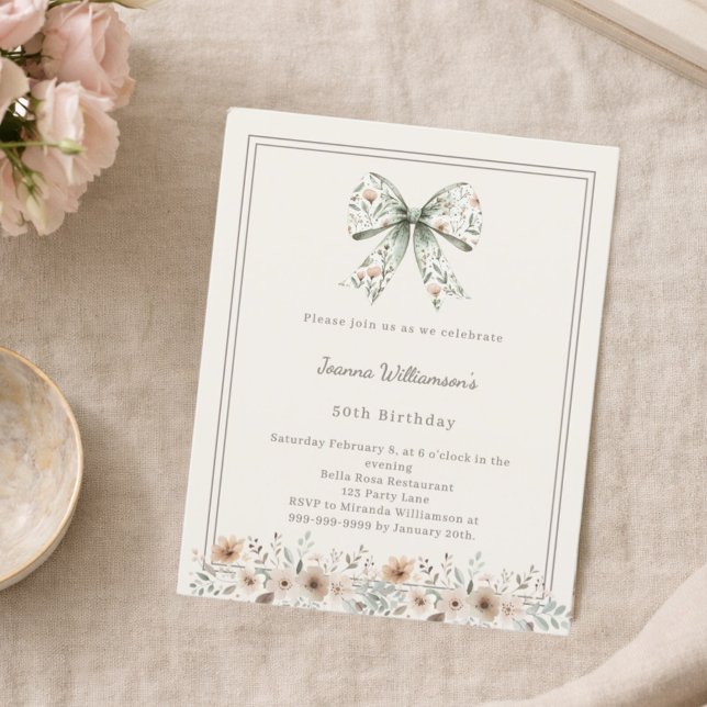 Ivory muted green bow florals birthday invitation (Criador carregado)
