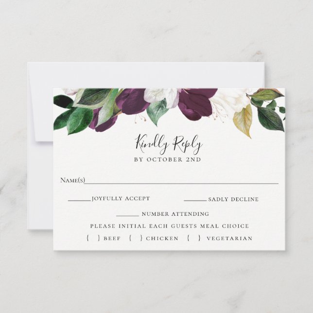 Ivory Plum Floral Weding RSVP Meal Choice Card (Frente)