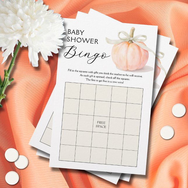 Ivory Ribbon Pumpkin - Chá de fraldas Bingo (Ivory ribbon and bow pumpkin baby shower bingo game cards)