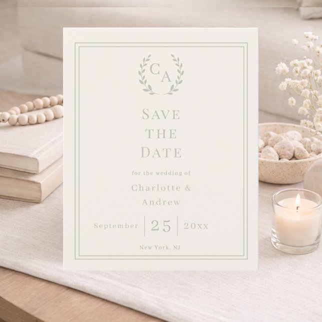 Ivory sage green monogram wedding Save the Date (Criador carregado)