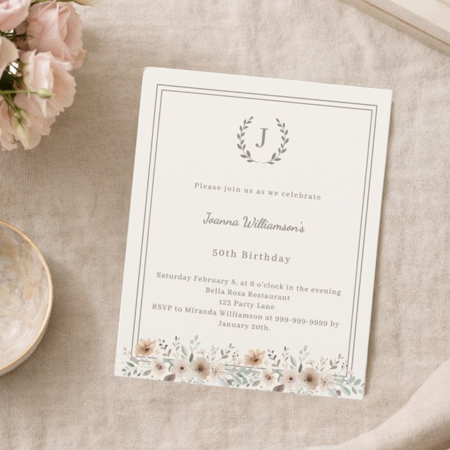 Ivory taupe monogram wreath birthday invitation (Criador carregado)