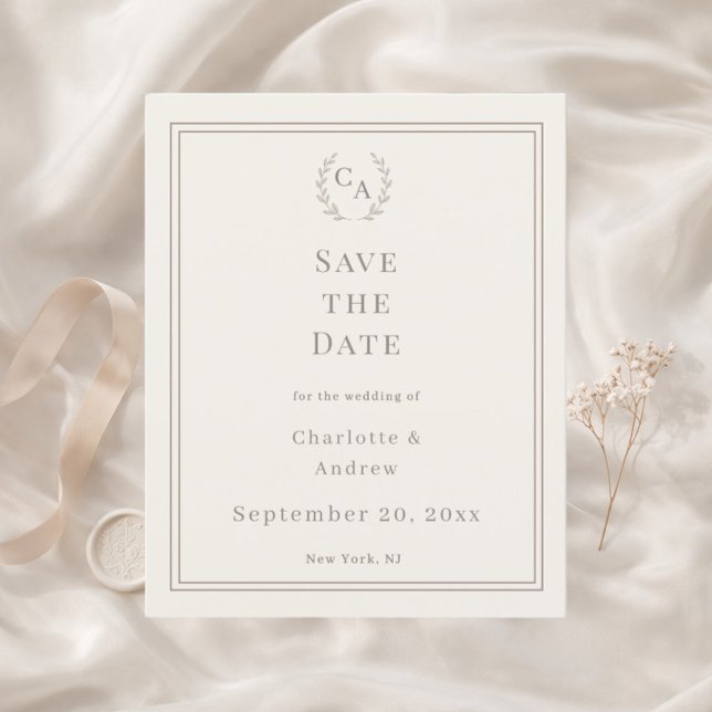 Ivory taupe monogrammed wedding Save the Date Card (Criador carregado)