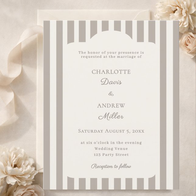 Ivory Taupe Neutral Striped Wedding invitation (Criador carregado)