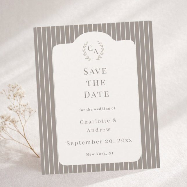 Ivory Taupe Pinstriped Wedding Save the Date Card (Criador carregado)