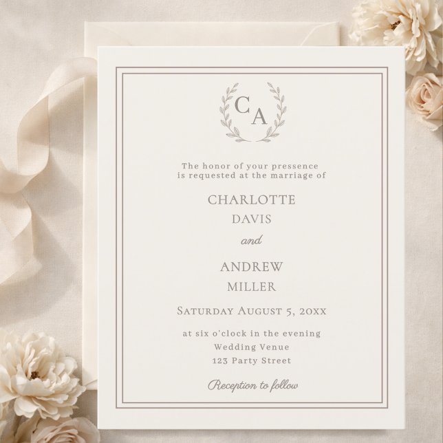 Ivory taupe wreath monogram wedding invitation (Criador carregado)