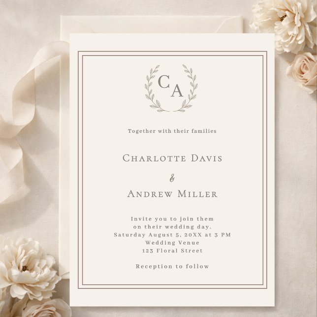 Ivory taupe wreath monogrammed wedding invitation (Criador carregado)