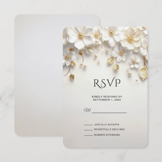 Ivory White Floral Dourada Deixa RSVP Card (Frente/Verso)
