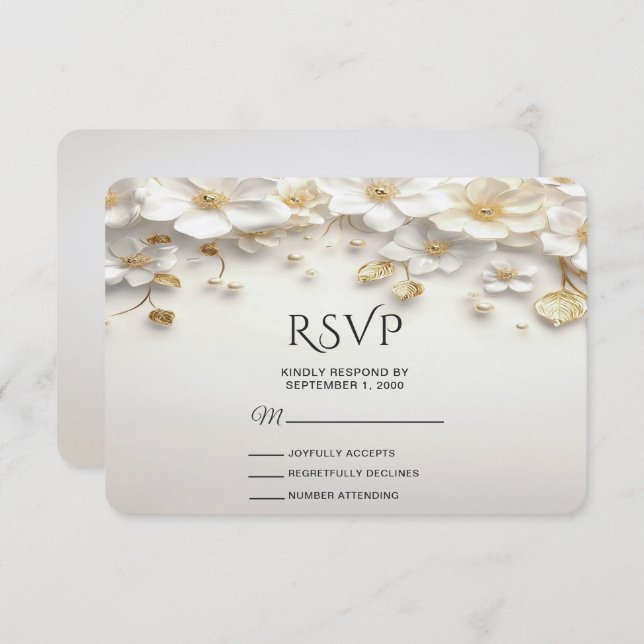 Ivory White Floral Dourada Deixa RSVP Card (Frente/Verso)