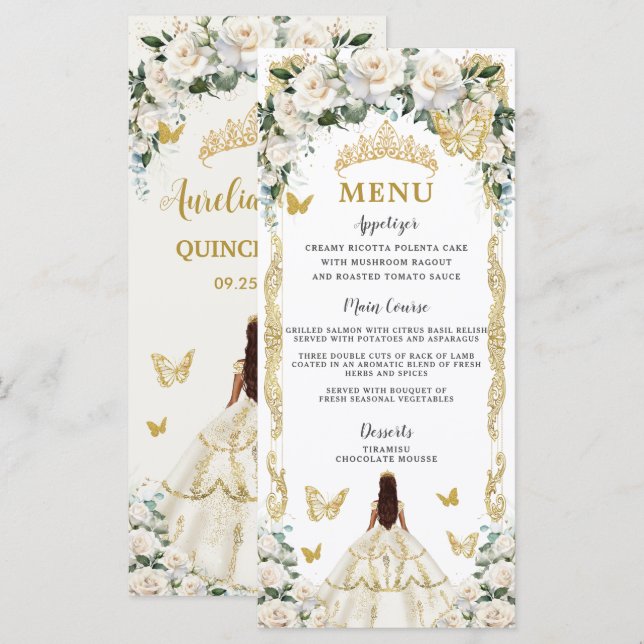 Ivory White Floral Quinceañera Brown Princess Menu (Frente/Verso)