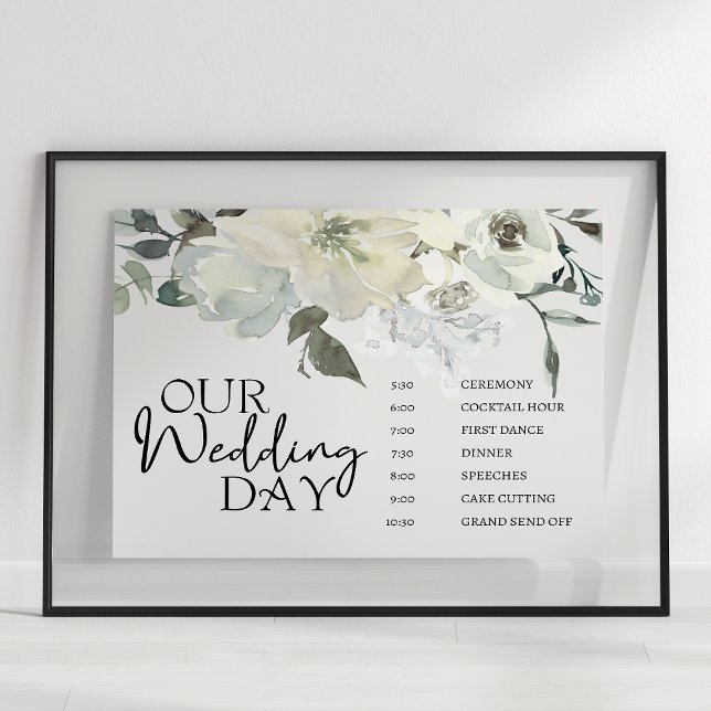 Ivory White Roses Floral Wedes Schedule Poster (Criador carregado)