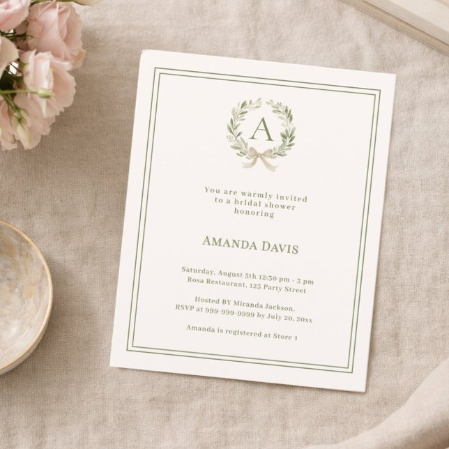 Ivory wreath monogrammed Bridal Shower invitation (Criador carregado)