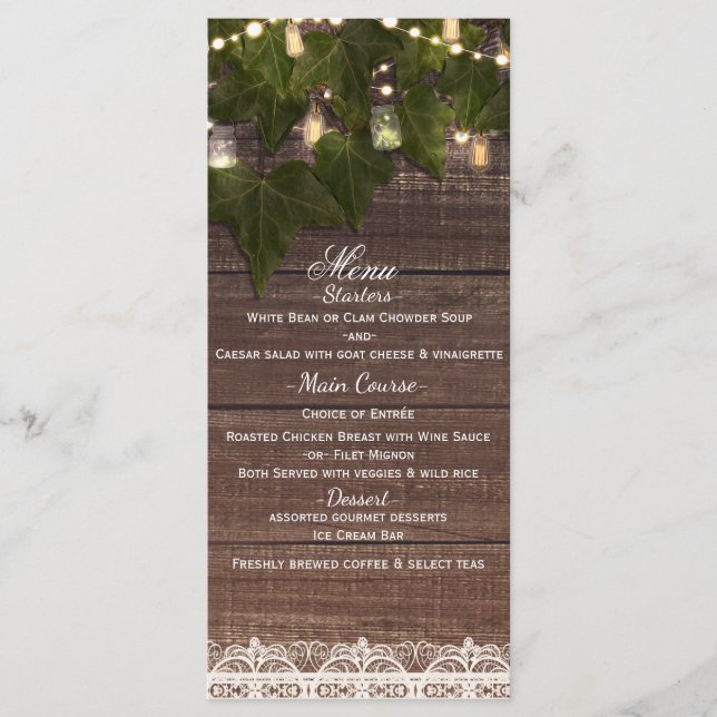 Ivy & String Lights Mason Jar Rustic Party Menu (Frente)
