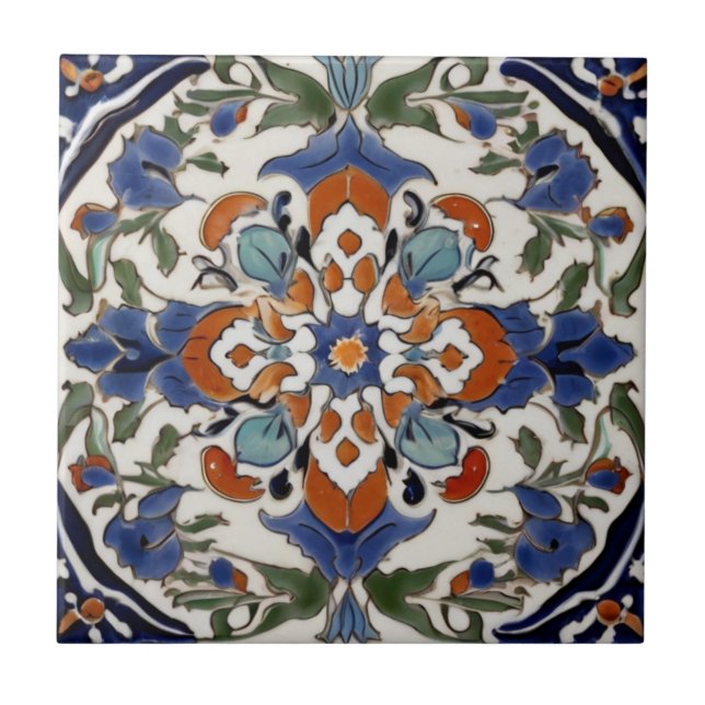 Iznik Turca Vintage Laranja Abstrato Verde Azul (Frente)