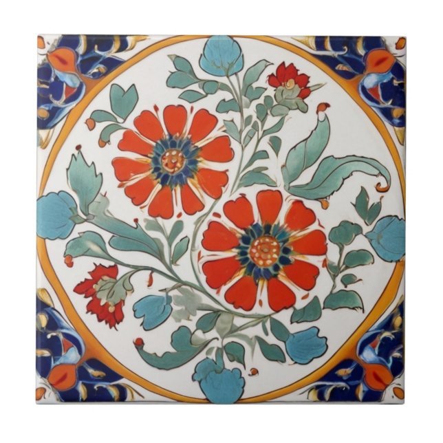 Iznik Turco Flores Vermelhas Laranja Azul Creme Ve (Frente)