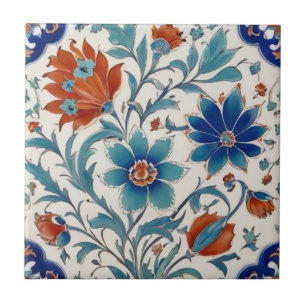 Iznik Turco Otomano Floral Azul e Flores Vermelhas