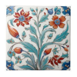 Iznik Turco Vintage Floral Verde e Flores Vermelha