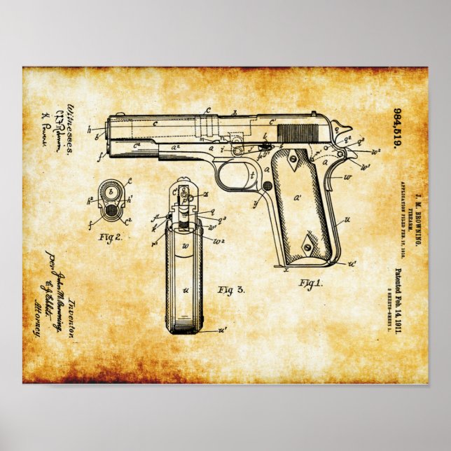 J.M Browning M1911 Pistol Patent Poster (Frente)