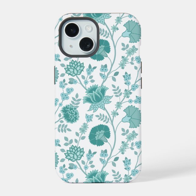 Jacobean Floral Big Pattern Teals on White (Verso)
