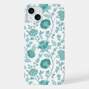 Jacobean Floral Big Pattern Teals on White