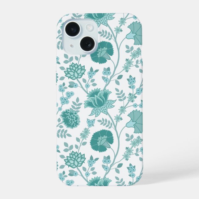 Jacobean Floral Big Pattern Teals on White (Verso)