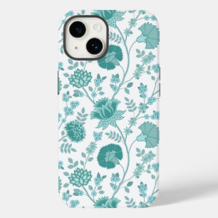Jacobean Floral Big Pattern Teals on White