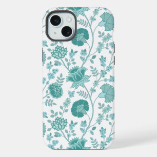 Jacobean Floral Big Pattern Teals on White