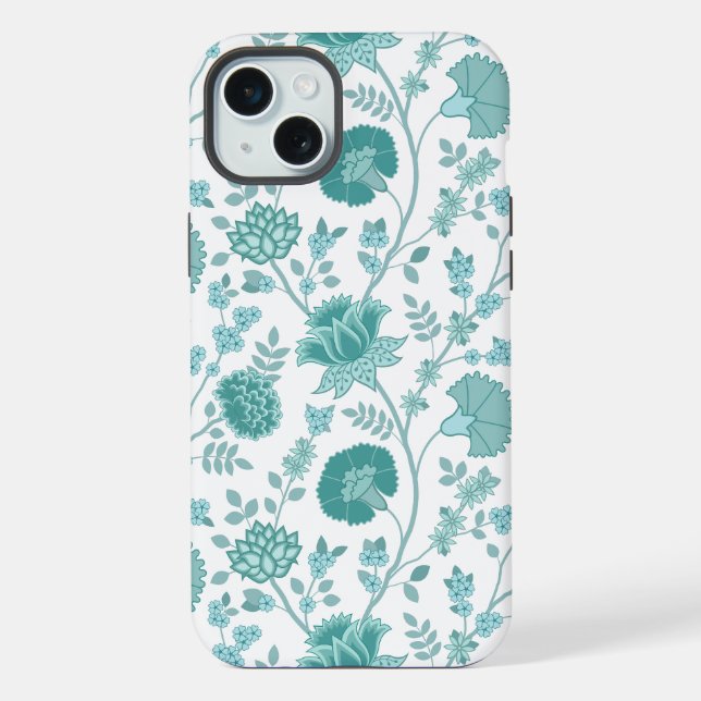 Jacobean Floral Big Pattern Teals on White (Verso)
