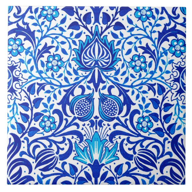 Jacobean Floral Damask, Cobalt Azul e Branco (Frente)