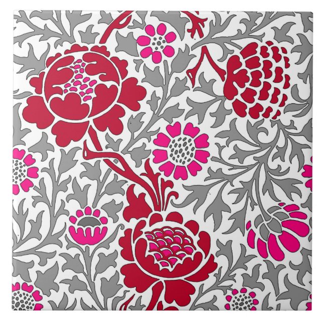 Jacobean Floral, Deep Red Pink e Cinzas (Frente)