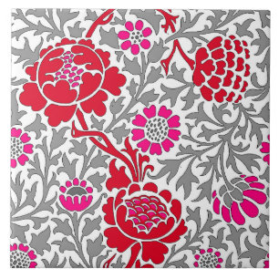 Jacobean Floral, Rosa Vermelho Profundo e Cinza