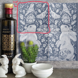 Jacobean Rabbit Birds Denim Blue White Top L