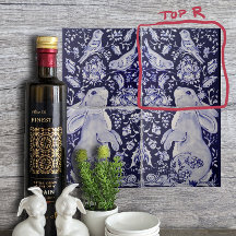 Jacobean Rabbit Birds Flores Azuis Branco Superior