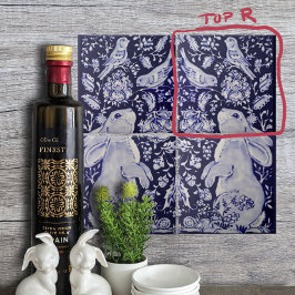 Jacobean Rabbit Birds Flores Azuis Branco Superior