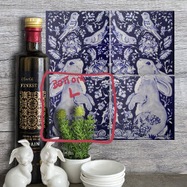 Jacobean Rabbit Birds Flores Azul Branco Inferior 