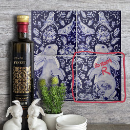 Jacobean Rabbit Birds Flores Azul Branco Inferior 