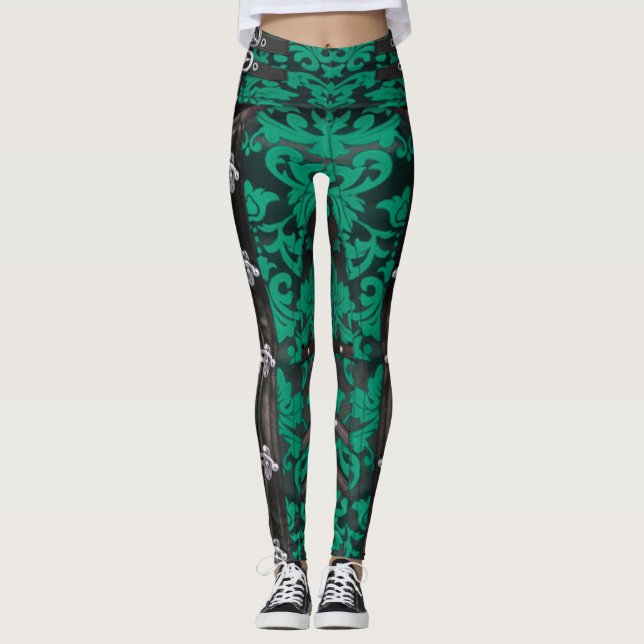 Jade Floral Victorian Steampunk Spandex Leggings (Frente)