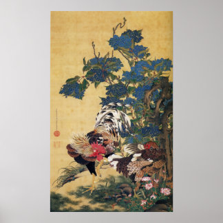 Jakuchu, Rooster e Hen com Posters Hydrangeas