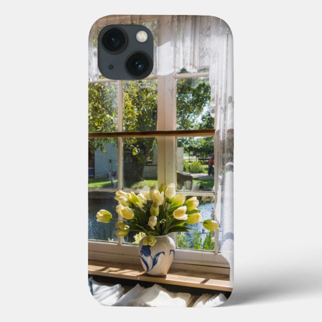 Janela com cortina de rendas e tulipas (Verso)