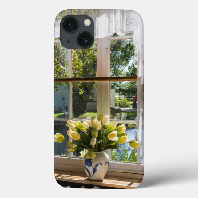 Janela com cortina de rendas e tulipas (Verso)