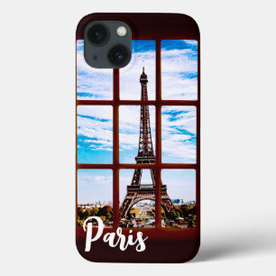 Janela de madeira com vista na torre Eiffel, Paris