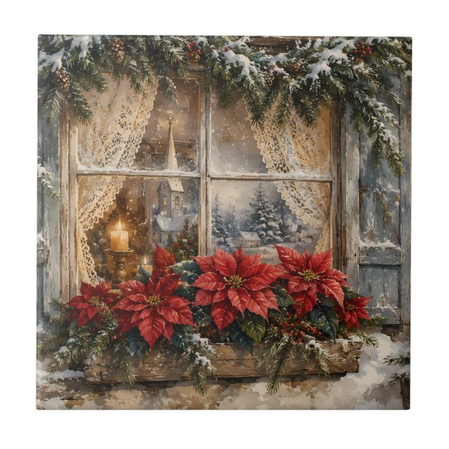 Janela de Natal com Poinsettia Nevada (Frente)